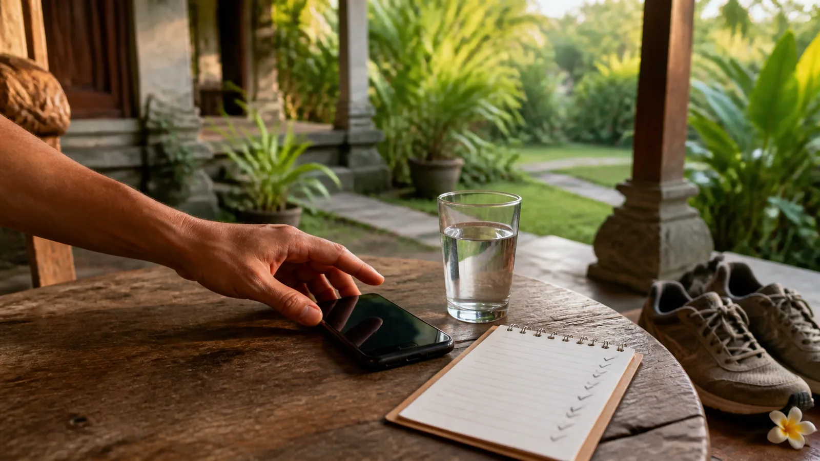 Phone, walking shoes, water and a handwritten twenty-minute craving plan on a table in Bali