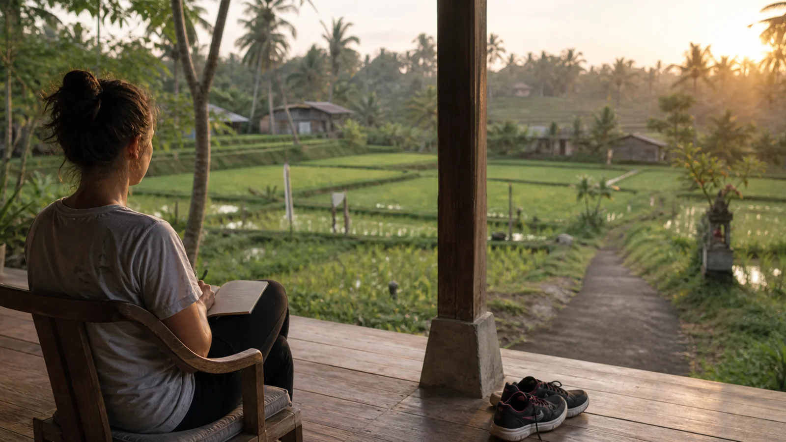 A sober morning routine with journalling, walking shoes and sunrise over Bali rice fields