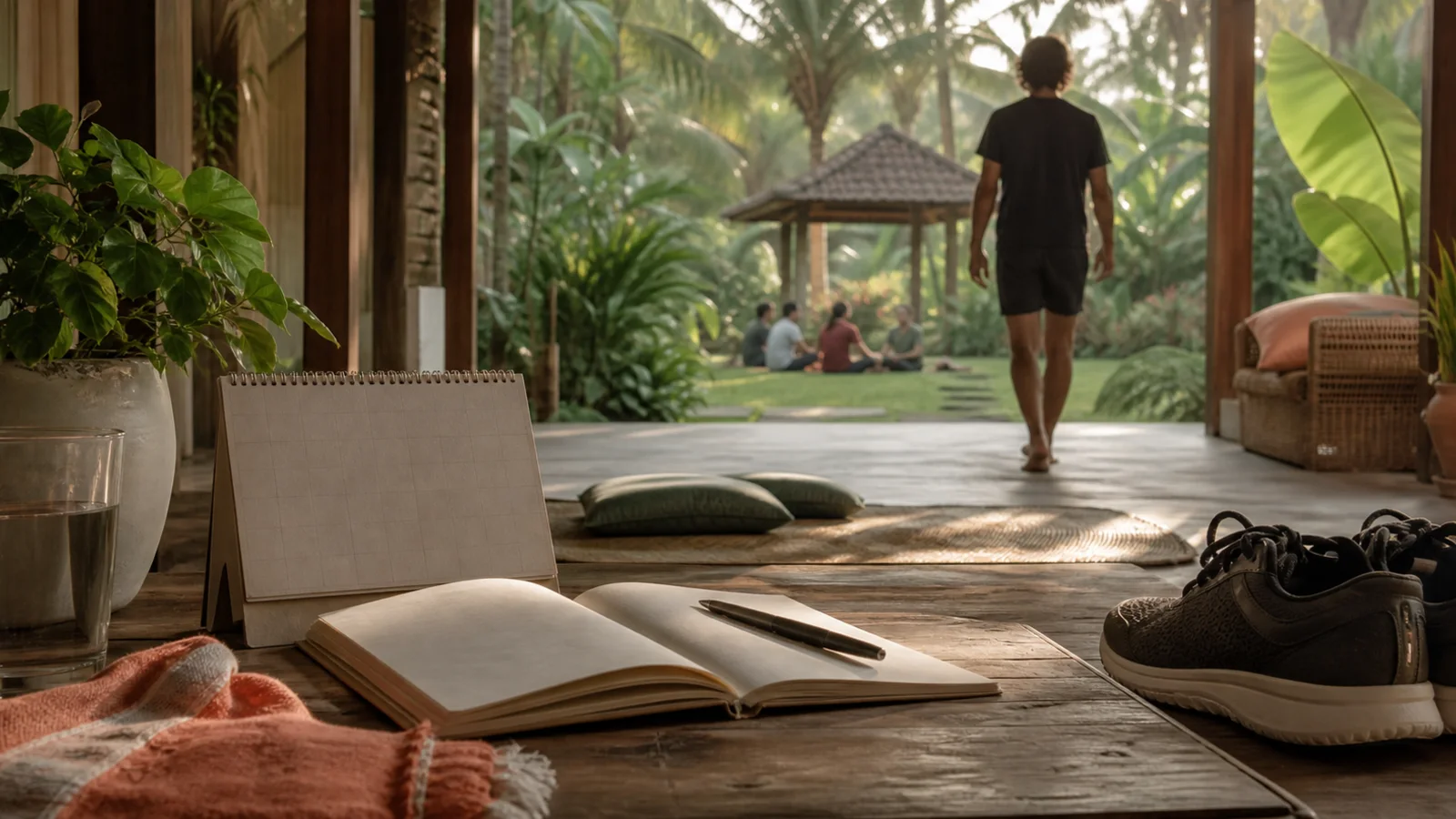 A quiet progression of calendar pages, journalling and a healthy daily routine in a tropical residential setting, with no visible text or numbers