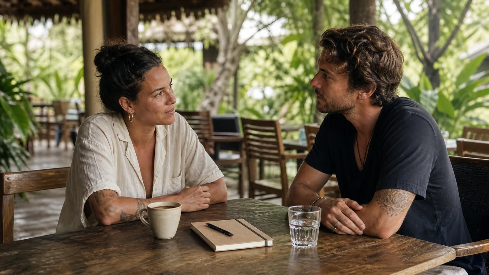 Two adults having an equal, private conversation over coffee after a recovery meeting in Bali