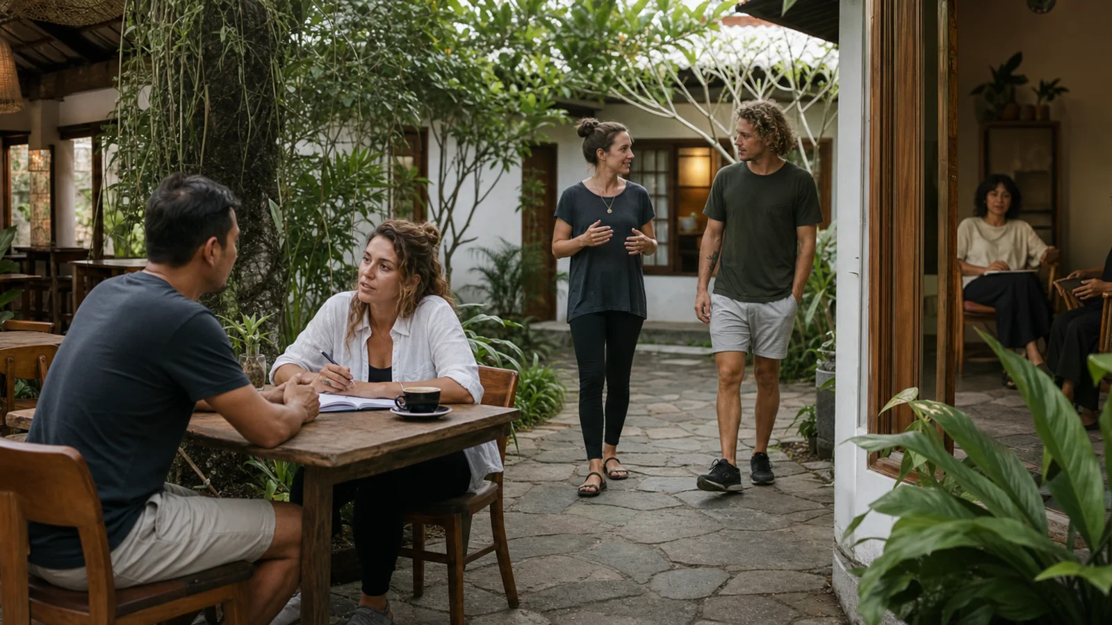 Separate recovery coaching, peer sponsorship and professional counselling conversations in a calm Bali community courtyard