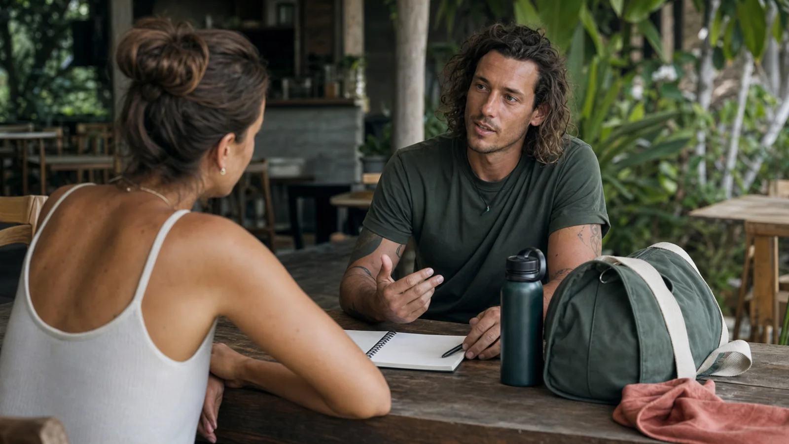 A recovery coach and client planning a healthy week together at an open-air café in Bali