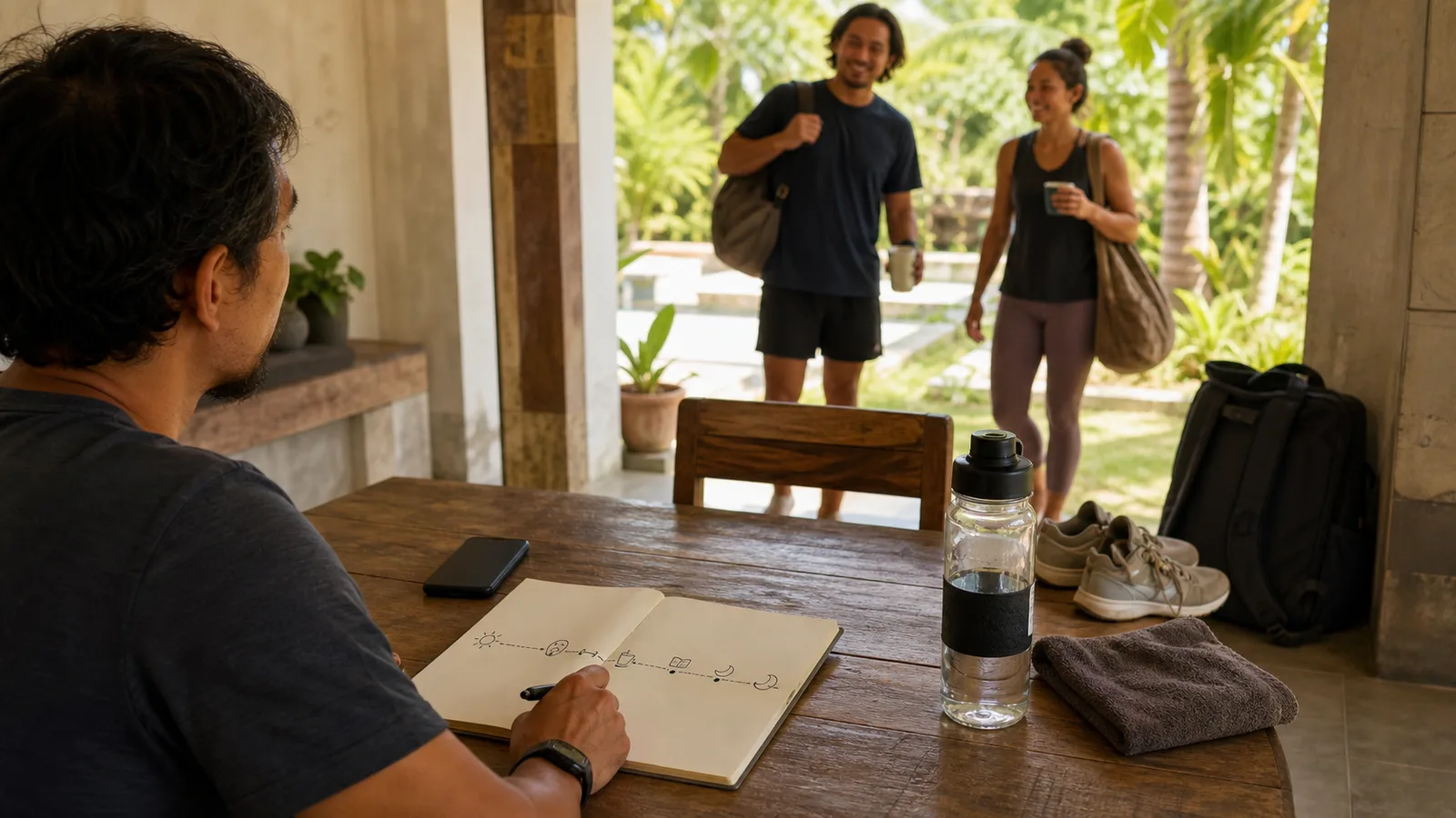 Notebook showing a realistic Bali recovery day with meetings, work, a walk, exercise, food and fellowship