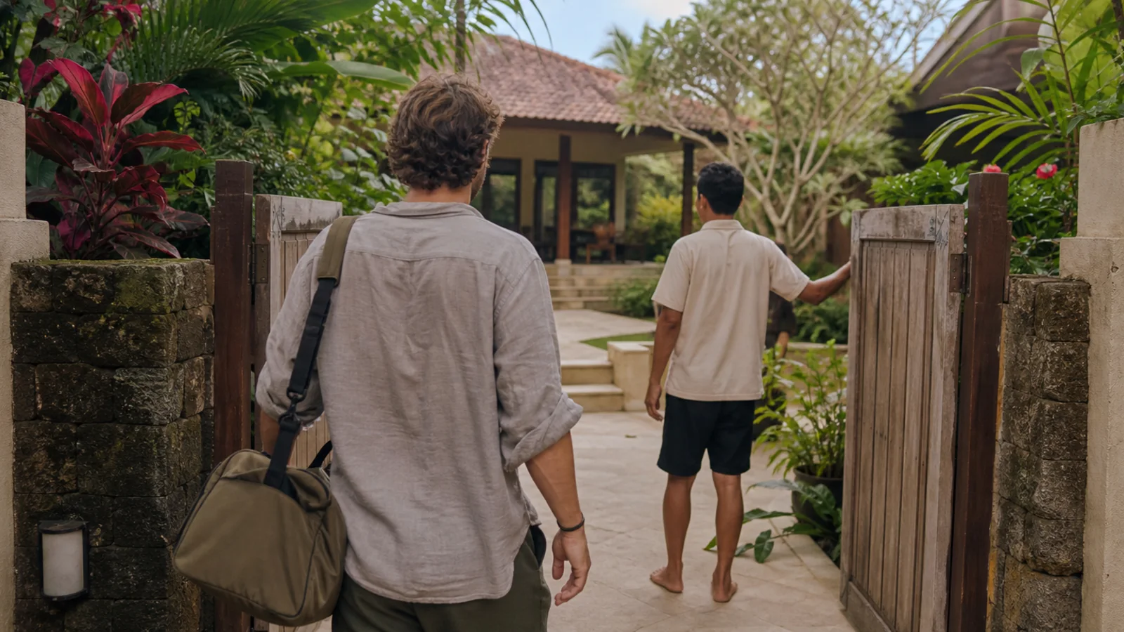 A non-identifiable Australian traveller with luggage arriving at a calm Bali residential recovery setting surrounded by tropical greenery, with no uniforms or medical procedure
