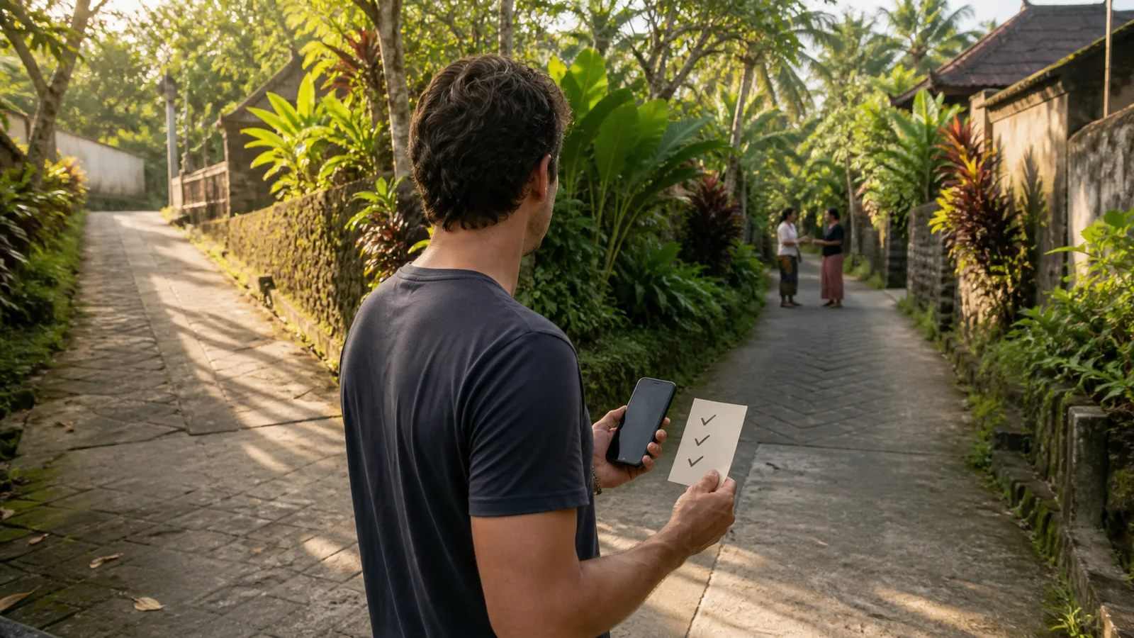 Person pausing at a fork in a Bali footpath while holding a phone and a small recovery plan