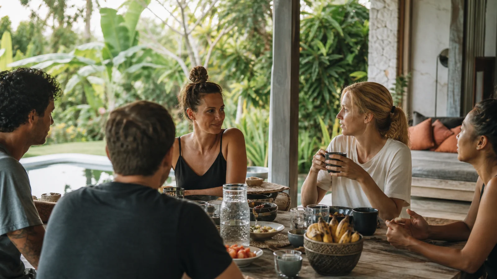 A calm residential recovery community sharing an outdoor meal in Bali, with no visible branding or clinical uniforms