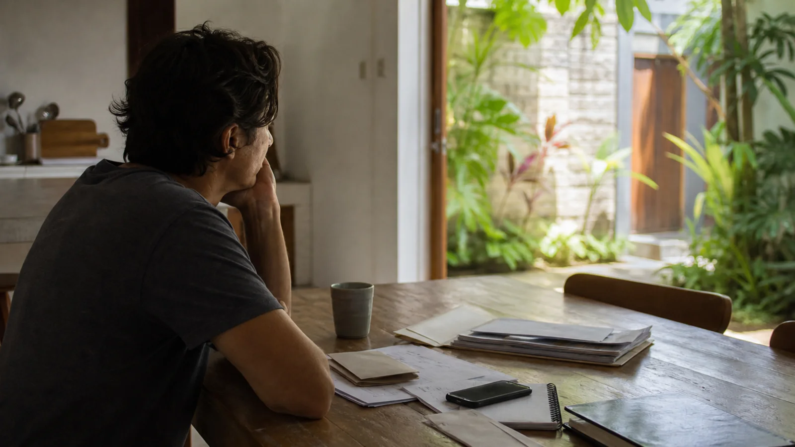 An adult reflecting at a kitchen table with work papers and bills in a calm Bali home