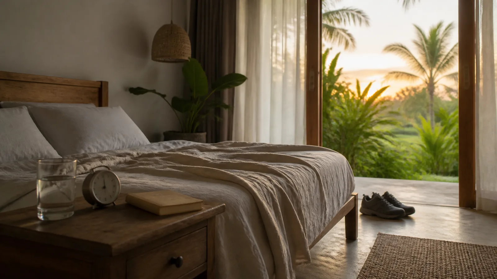 Quiet Bali bedroom at dawn with open curtains, water, a book and a simple sleep routine card