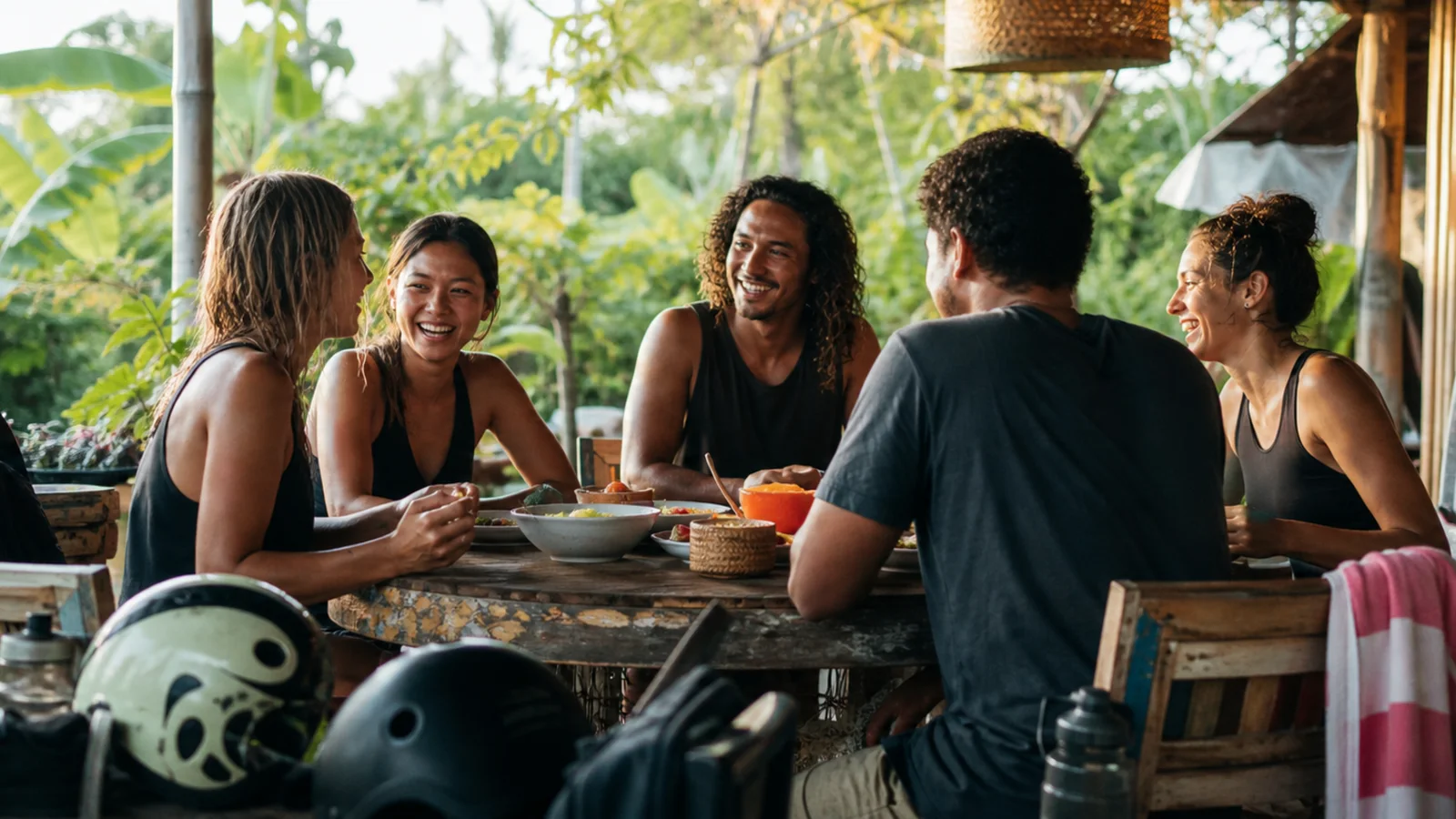 A diverse sober group sharing food after an outdoor activity in Bali