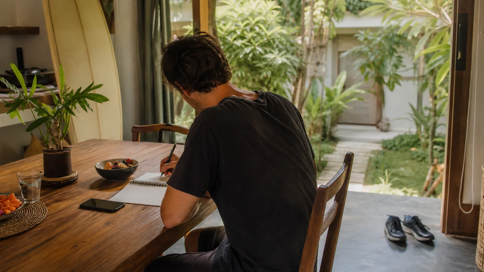 An adult planning an ordinary sober morning at a Bali kitchen table, with breakfast, a notebook and a phone nearby