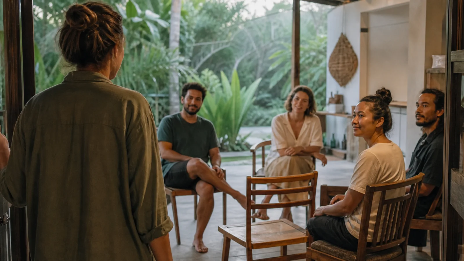 One adult being welcomed back into a small peer-support gathering in Bali