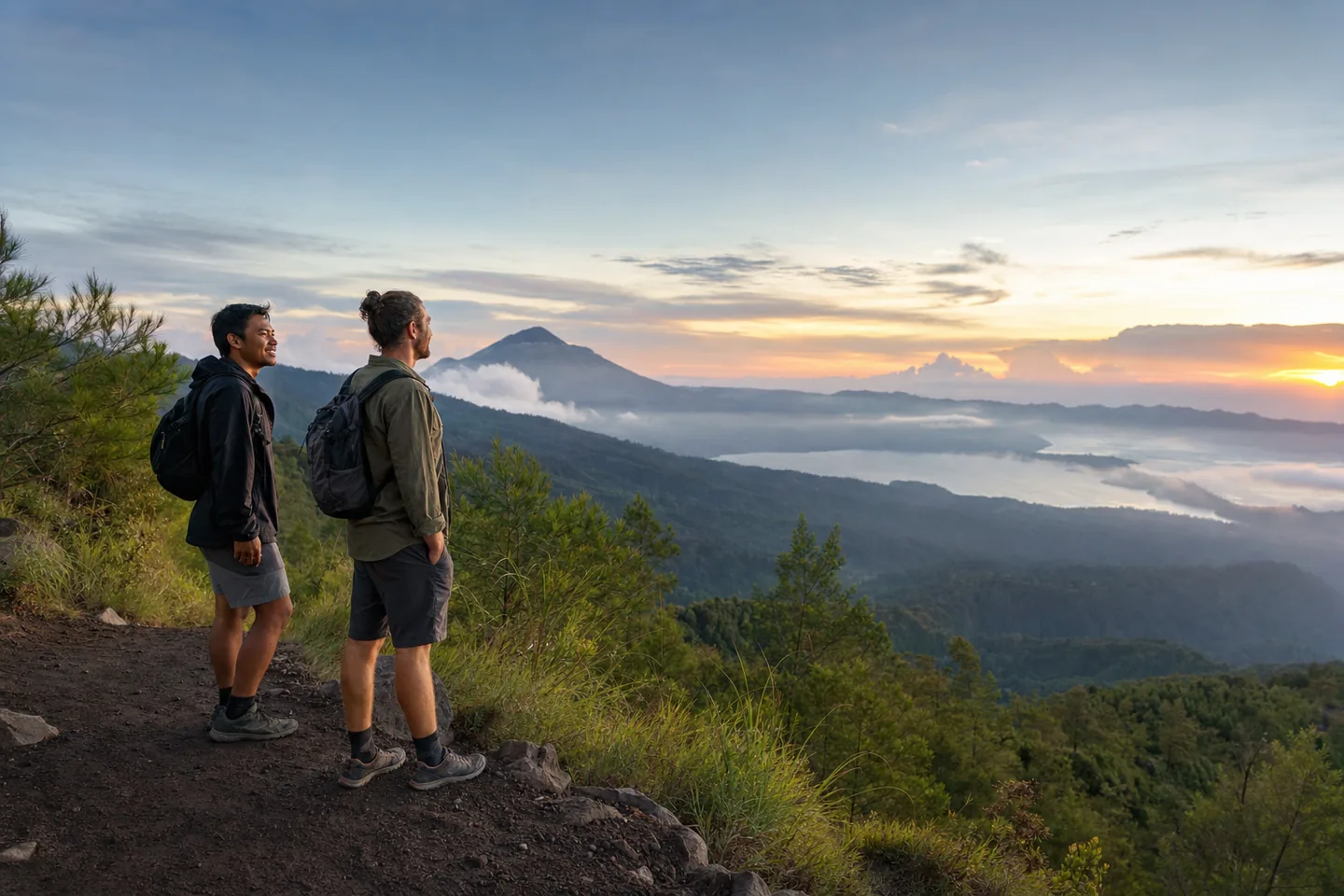 Editorial scene of two friends hiking above a Bali volcanic landscape at sunrise