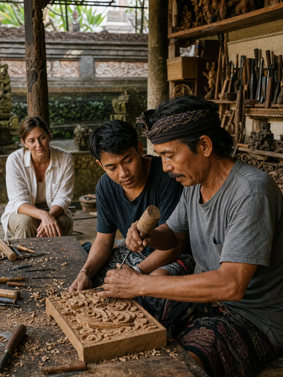 Editorial scene of a Balinese craftsperson teaching woodcarving in a workshop