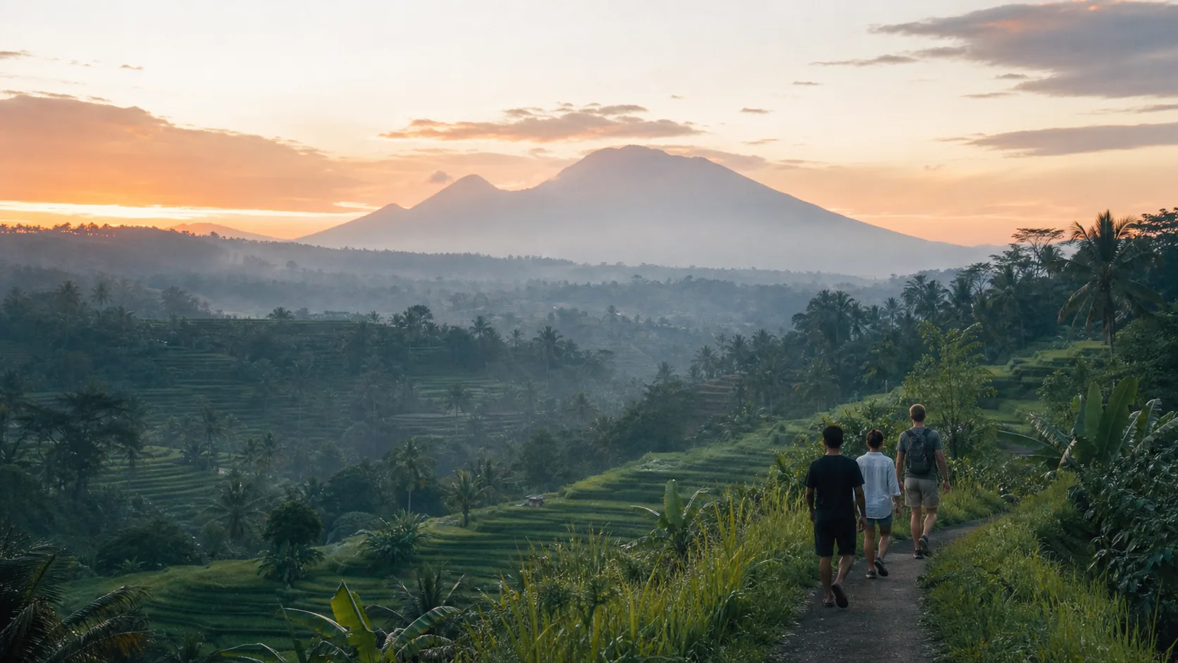 Editorial view of three people walking above Bali rice terraces at dawn