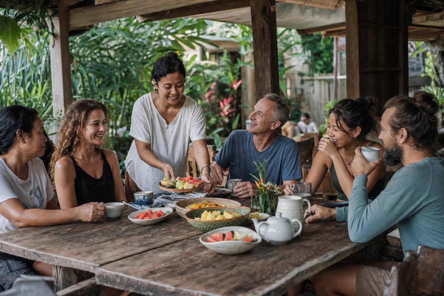 Editorial scene of Indonesian and international adults sharing breakfast around a table in Bali