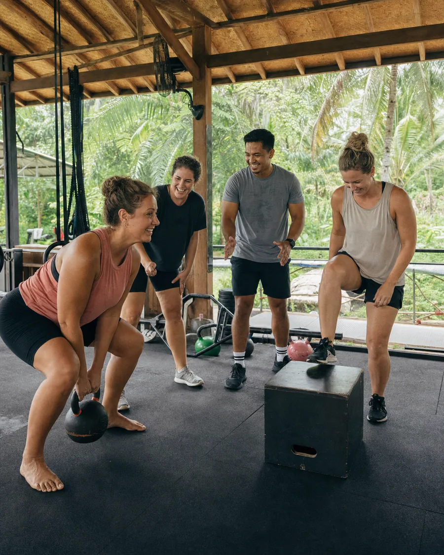 Editorial scene of an inclusive group strength session in an open-air Bali gym